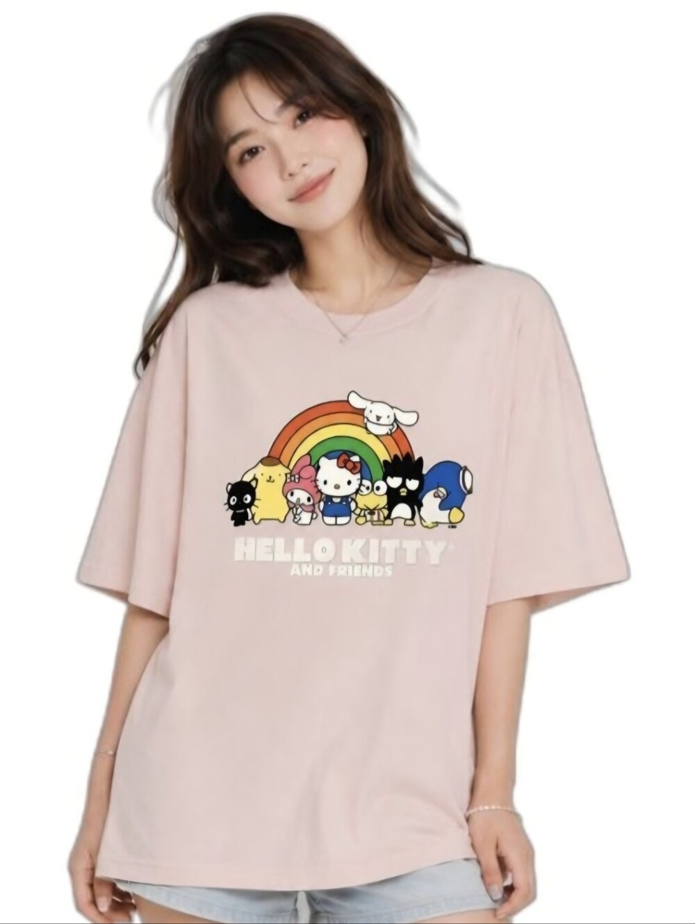 Sanrio Hello Kitty and Friends Rainbow Graphic T-Shirt in a pastel light pink